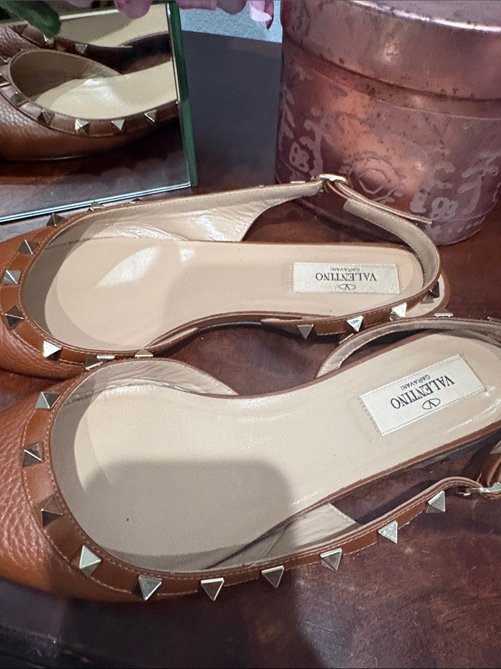 Valentino Tan Leather Slingback Flats with Gold Pyramid Studs